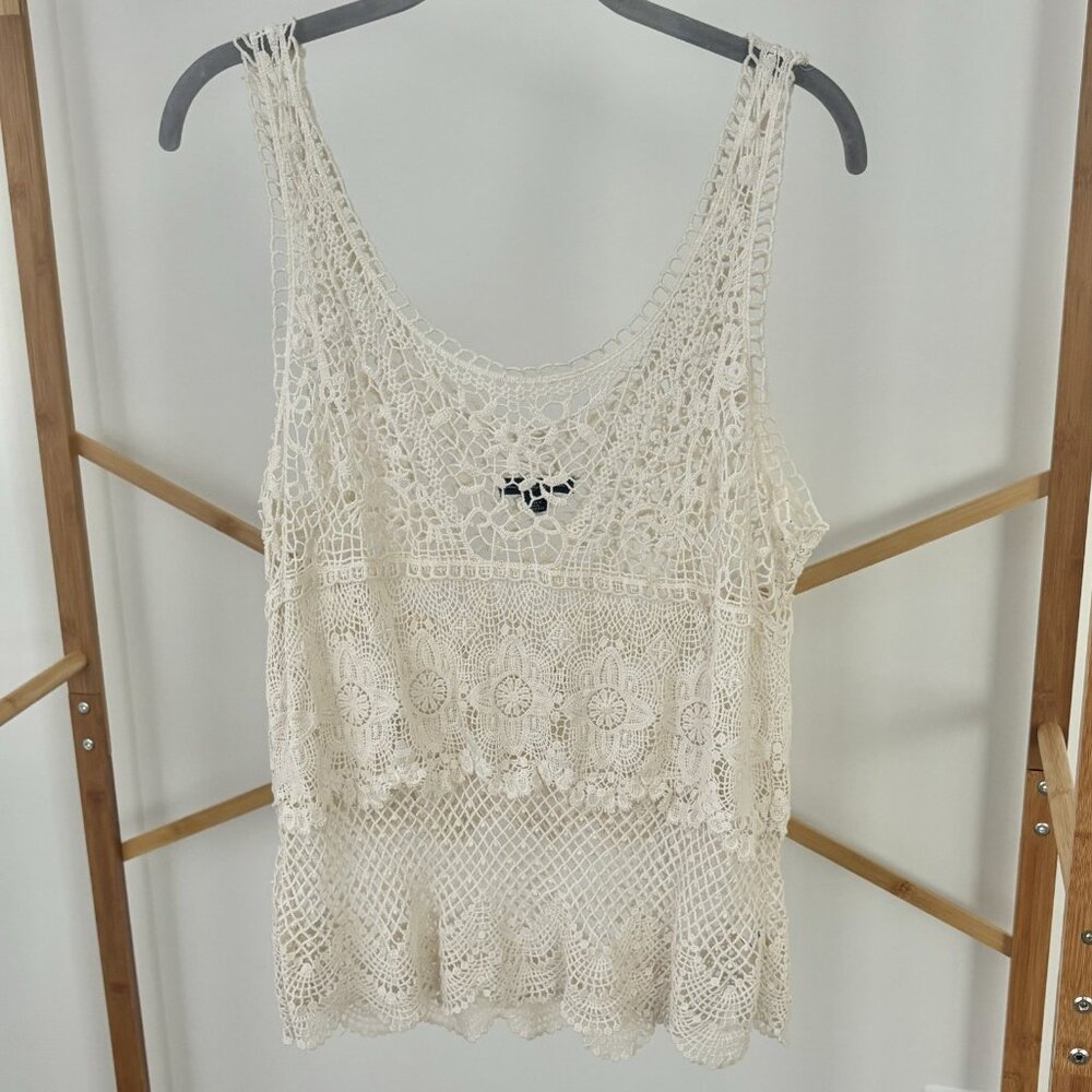 American Eagle 100% Cotton Crochet Tank Top (Sz L) Cream Sheer Boho Swim Casual